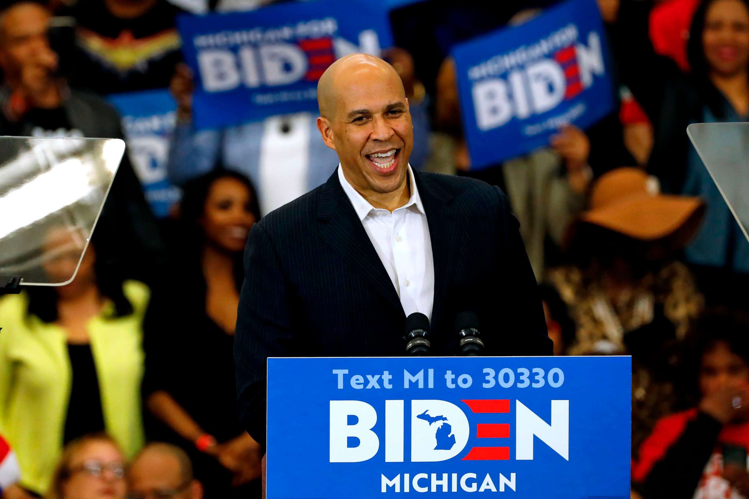 PHOTO: New Jersey Sen. Cory Booker endorses Democratic presidential candidate former Vice President Joe Biden as he speaks to supporters during a campaign rally at Renaissance High School in Detroit, March 9, 2020.