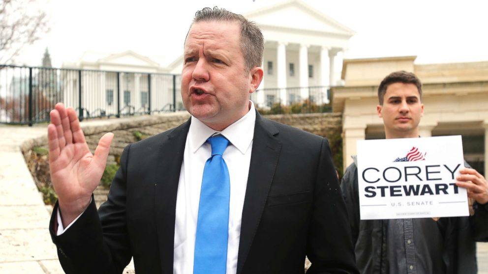 PHOTO: Virginia GOP senatorial hopeful, Corey Stewart, gestures during a news conference at the Capitol in Richmond, Va., on Feb. 22, 2018.