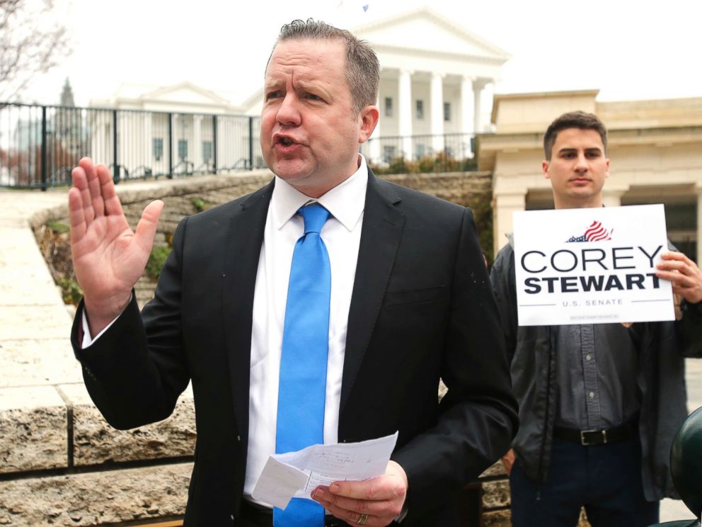 PHOTO: Virginia GOP senatorial hopeful, Corey Stewart, gestures during a news conference at the Capitol in Richmond, Va., on Feb. 22, 2018.