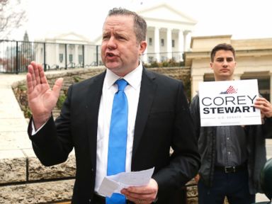 PHOTO: Virginia GOP senatorial hopeful, Corey Stewart, gestures during a news conference at the Capitol in Richmond, Va., on Feb. 22, 2018.