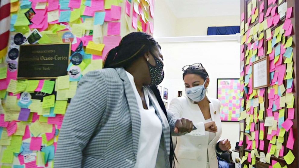 PHOTO: Cori Bush meets Rep. Alexandria Ocasio-Cortez during a visit to Washington, DC. before the Nov. 3, 2020 election.