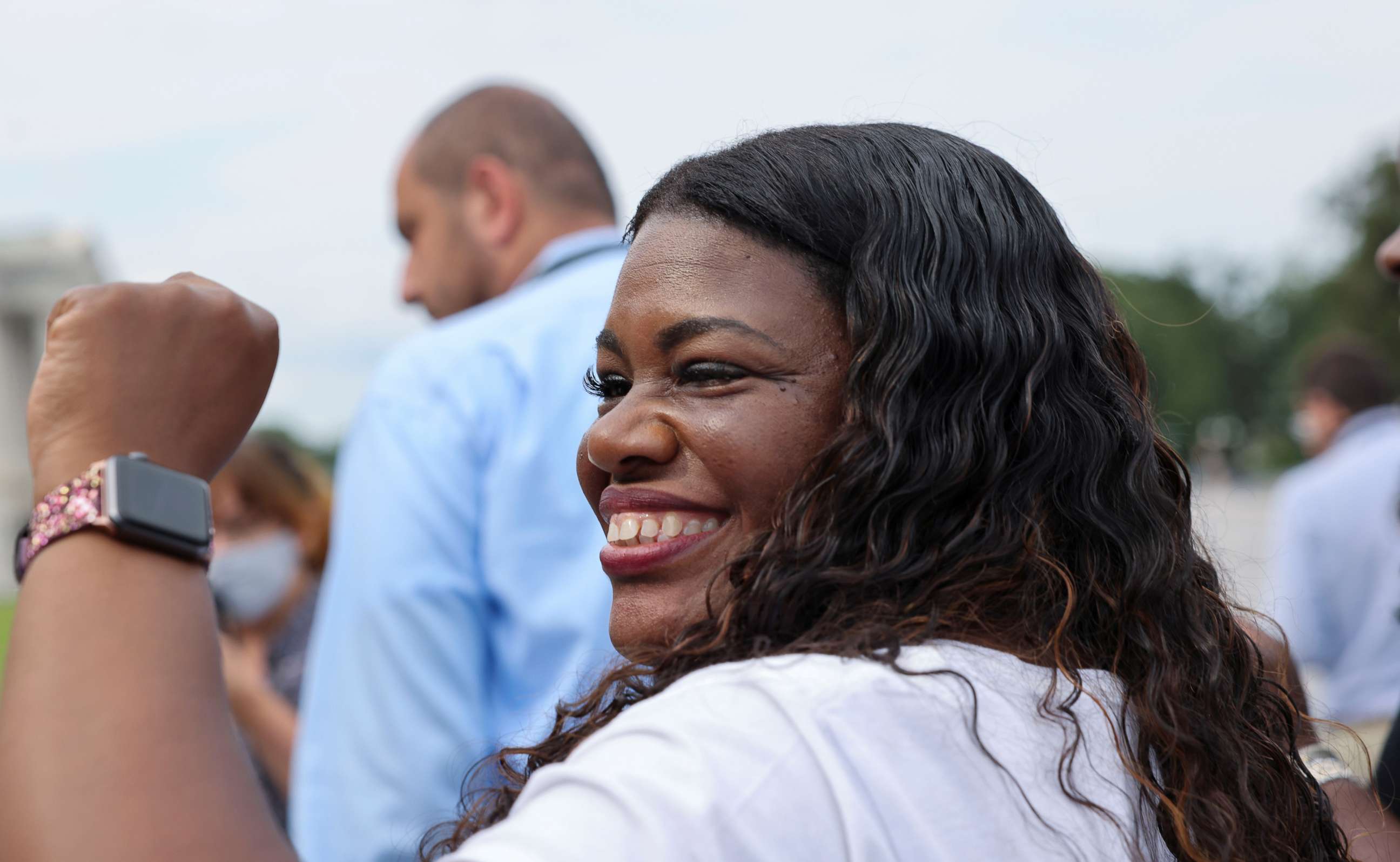PHOTO: Rep. Cori Bush celebrates news that the White House intends to extend the eviction moratorium, outside the U.S. Capitol Building on Capitol Hill in Washington, Aug. 3, 2021.