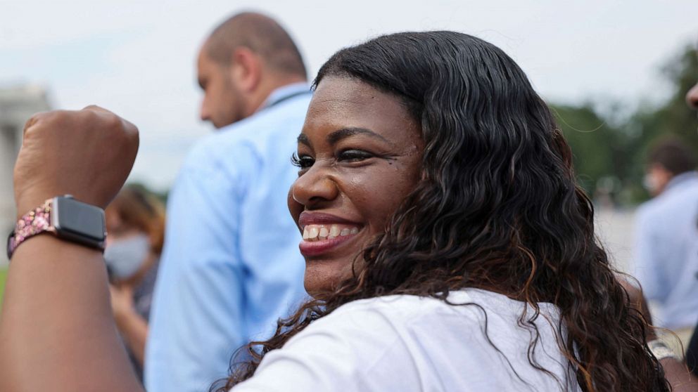 PHOTO: Rep. Cori Bush celebrates news that the White House intends to extend the eviction moratorium, outside the U.S. Capitol Building on Capitol Hill in Washington, Aug. 3, 2021.