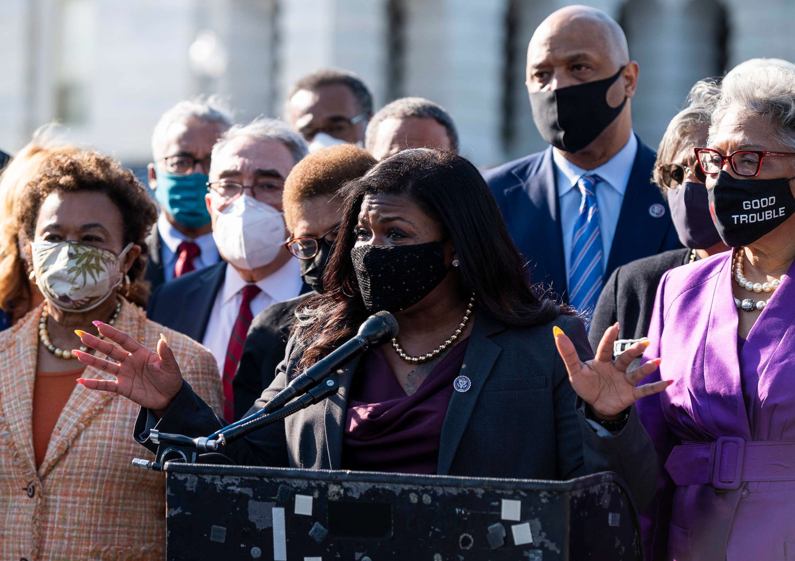 PHOTO: In this April 20, 2021 file photo Cori Bush center, speaks at a news conference surrounded by members of the Congressional Black Caucus after the reading of guilty verdicts in the Derek Chauvin trial.