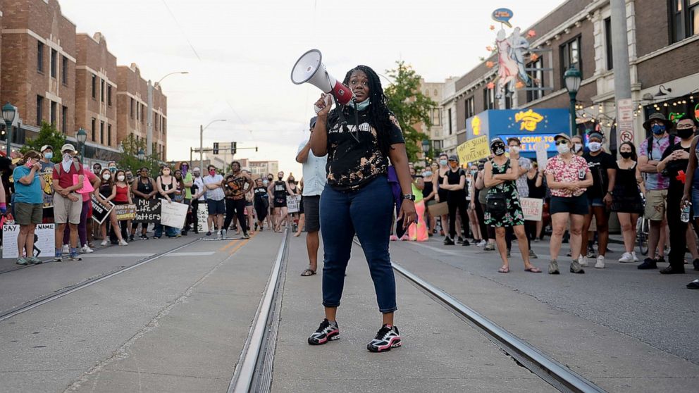 PHOTO: Missouri Democratic congressional candidate Cori Bush leads protesters against police brutality on June 12, 2020 in University City, Mo.