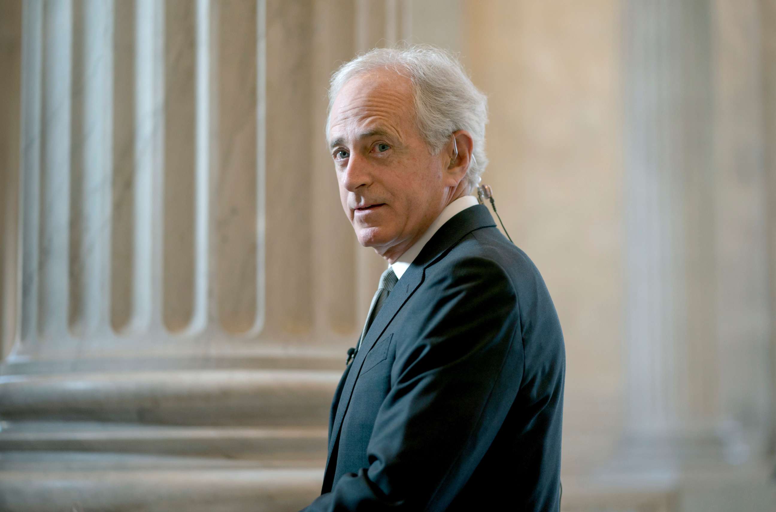 PHOTO: Senate Foreign Relations Committee Chairman Bob Corker, R-Tenn., takes questions during a TV news interview on Capitol Hill, April 19, 2018.