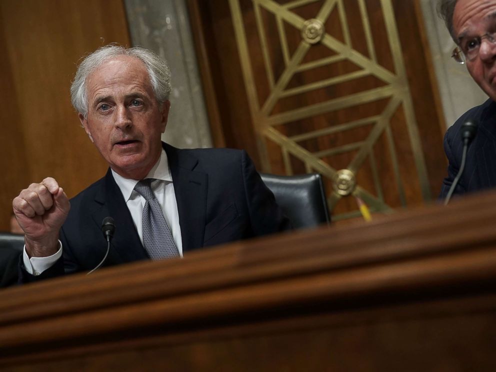 PHOTO: Sen. Bob Corker (R-TN) (L), chairman of the Senate Foreign Relations Committee, speaks as ranking member Sen. Bob Menendez (D-NJ) (R) listens during a committee meeting April 23, 2018 on Capitol Hill.