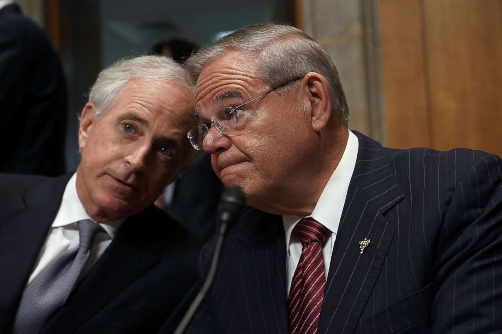 PHOTO: Sen. Bob Corker shares a moment with ranking member Sen. Bob Menendez prior to a committee meeting on Capitol Hill in Washington, April 23, 2018.