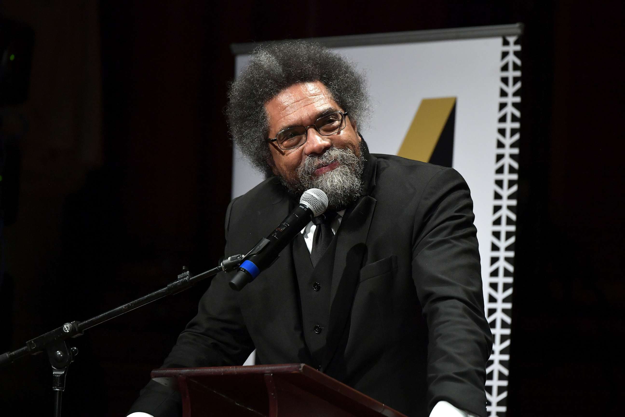 PHOTO: In this Oct. 22, 2019, file photo, Cornel West speaks at the 2019 Hutchins Center Honors W.E.B. Du Bois Medal Ceremony at Harvard University in Cambridge, Mass.