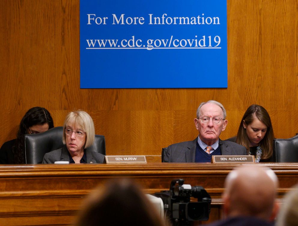 PHOTO: Senator Patty Murray, left, and Senator Lamar Alexander listen during the Senate Committee on Health, Education, Labor and Pensions hearing on how the U.S. Is Responding to COVID-19, the Novel Coronavirus on March 3, 2020 in Washington, D.C.