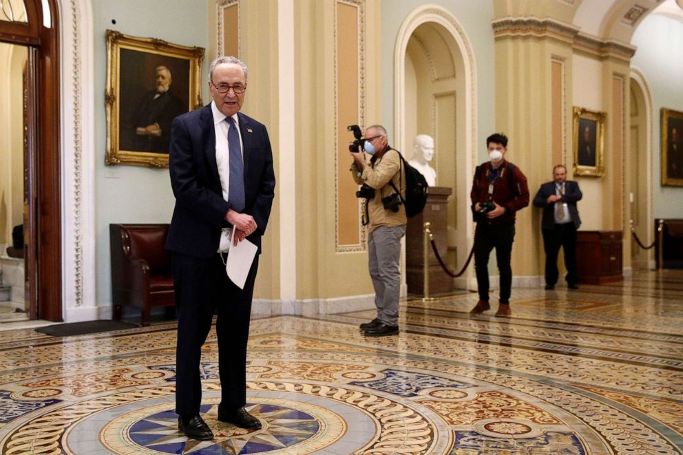 PHOTO: Senate Minority Leader Sen. Chuck Schumer of N.Y. speaks with reporters outside the Senate chamber on Capitol Hill, April 21, 2020. 