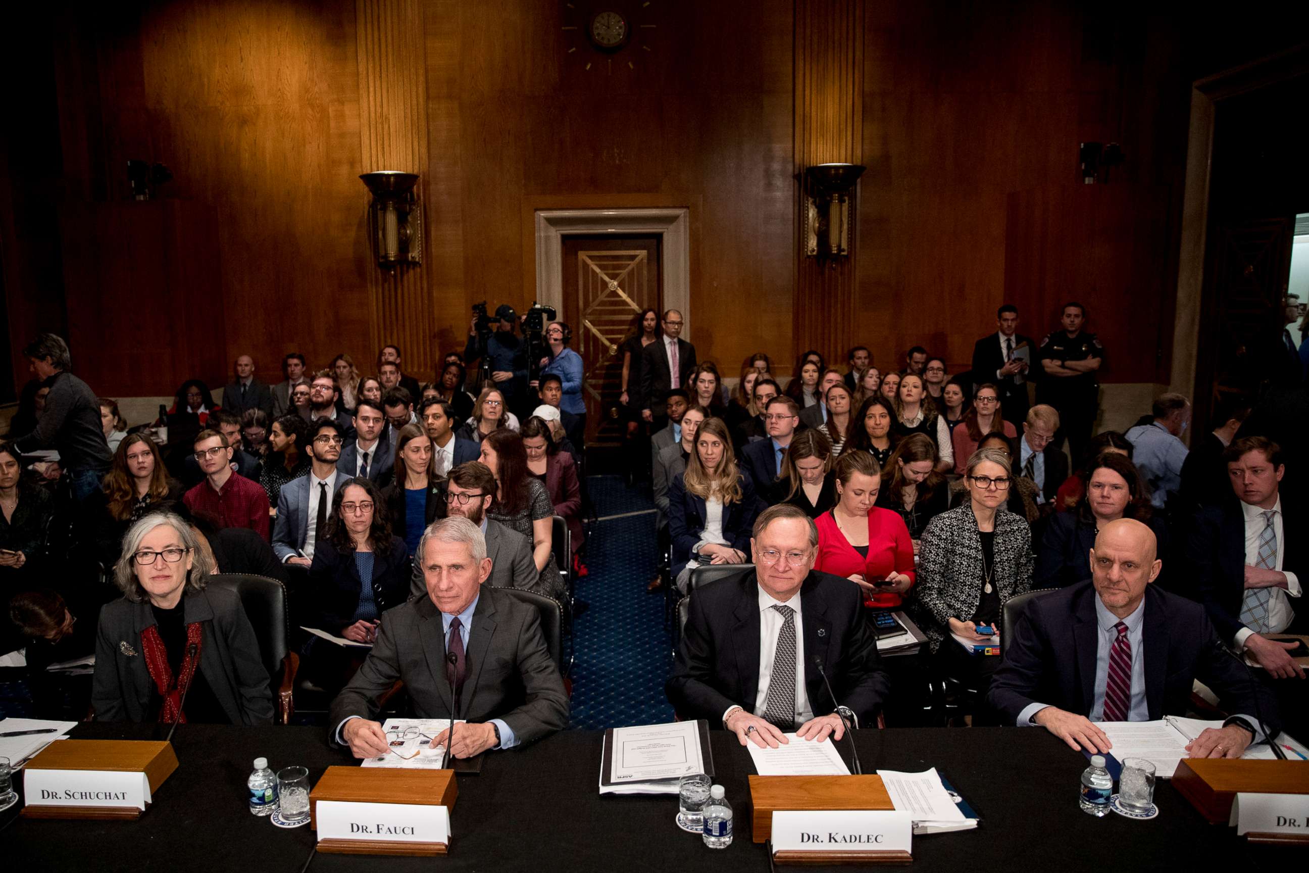 PHOTO: Anne Schuchat of the CDC, National Institute for Allergy and Infectious Diseases Director Dr. Anthony Fauci, Dr. Robert Kadlec of HHS, and FDA Commissioner Dr. Stephen Hahn appear before a Senate committee, March 3, 2020, in Washington.