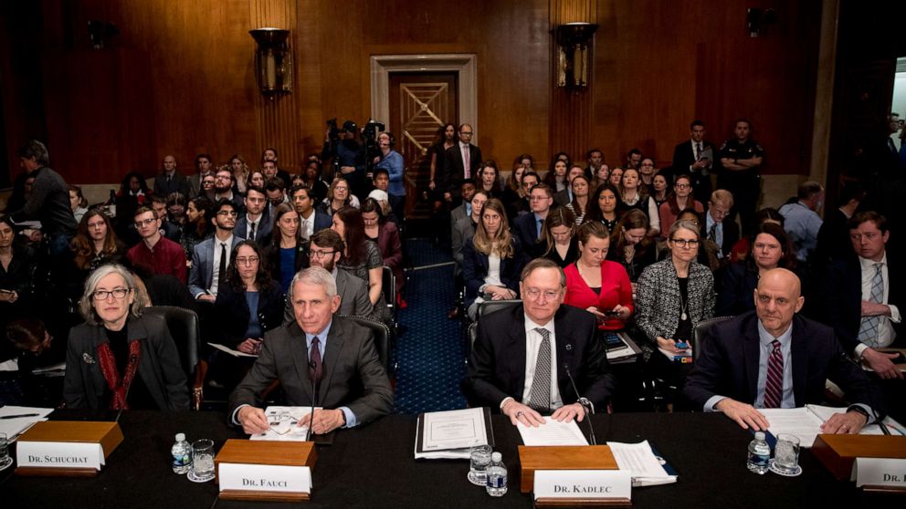 PHOTO: Anne Schuchat of the CDC, National Institute for Allergy and Infectious Diseases Director Dr. Anthony Fauci, Dr. Robert Kadlec of HHS, and FDA Commissioner Dr. Stephen Hahn appear before a Senate committee, March 3, 2020, in Washington.