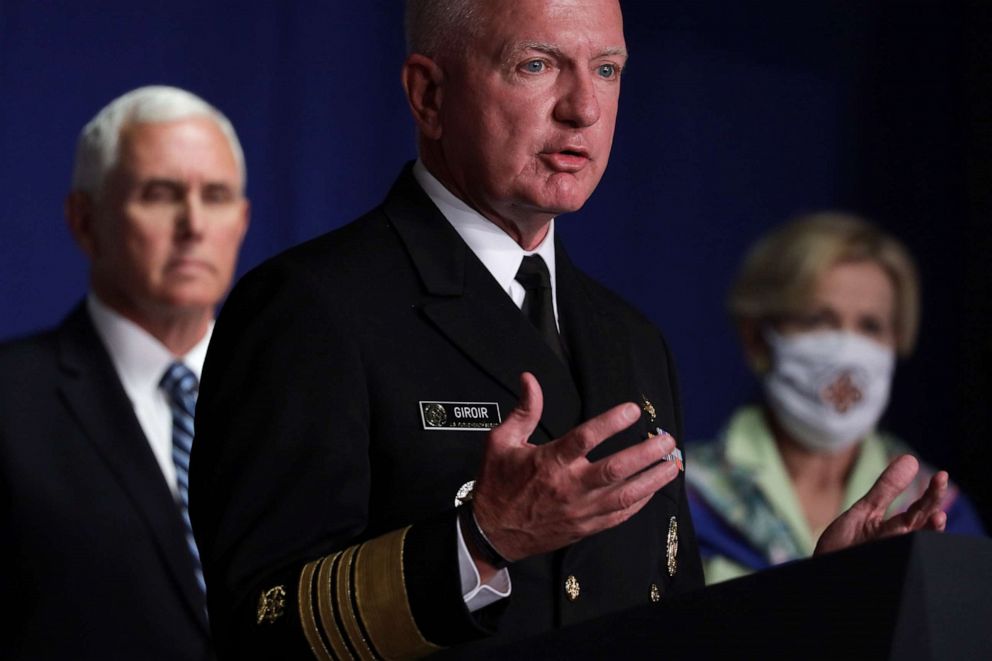 PHOTO: Admiral Brett Giroir, Assistant Secretary for Health, speaks as U.S. Vice President Mike Pence and White House coronavirus response coordinator Deborah Birx listen during a Coronavirus Task Force press briefing in Washington, July 8, 2020.