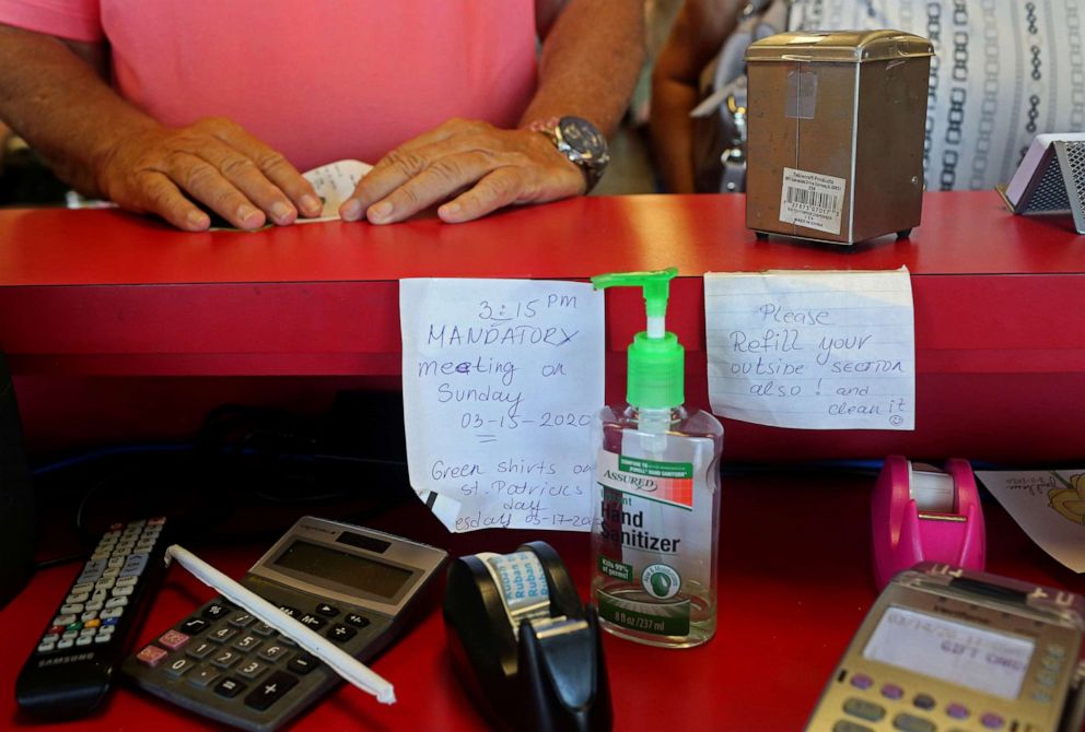 PHOTO: Hand sanitizer is seen inside Darrell's Diner amidst coronavirus-related event cancellations in The Villages, Fla., ahead of the upcoming Democratic primary, March 14, 2020.