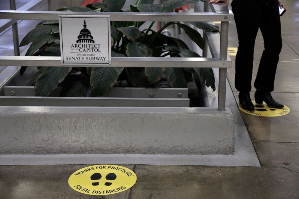 PHOTO: Markings for journalists practicing social distancing are seen at the basement of the U.S. Capitol, May 4, 2020. in Washington.