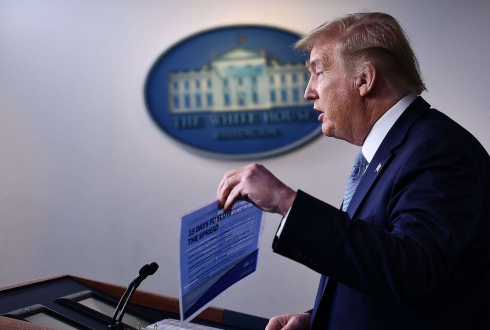 PHOTO: President Donald Trump speaks during a press briefing at the White House in Washington, on March 16, 2020.