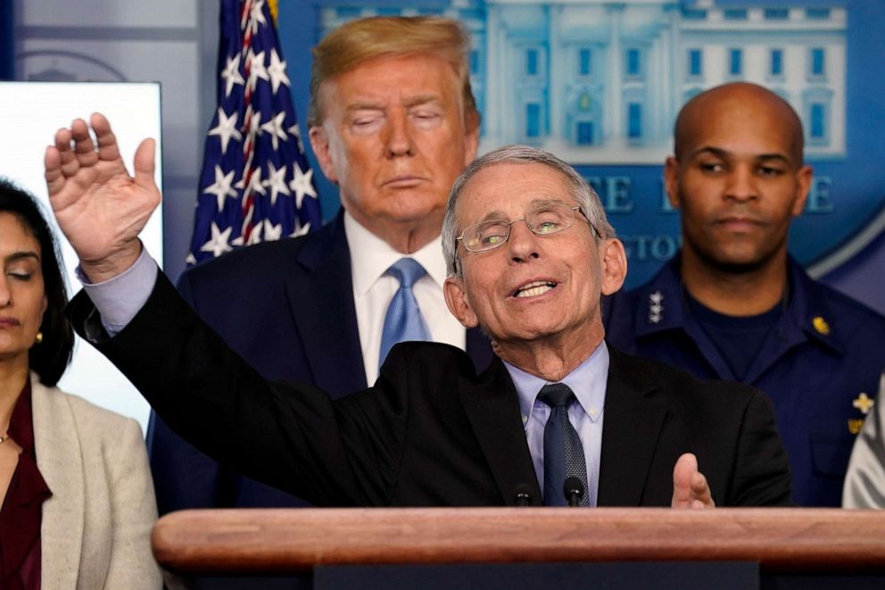 PHOTO: Dr. Anthony Fauci, director of the National Institute of Allergy and Infectious Diseases, speaks during a press briefing with the coronavirus task force, in the White House, March 16, 2020, in Washington.