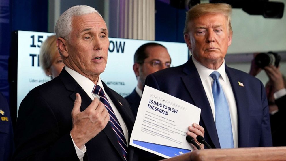 PHOTO: Vice President Mike Pence speaks as President Donald Trump listens during a press briefing with the coronavirus task force, in the Brady press briefing room at the White House, March 16, 2020, in Washington.