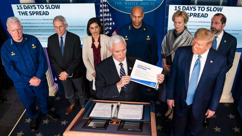 PHOTO: Vice President Mike Pence holds up guidelines for slowing the spread of the novel coronavirus while speaking to reporters as President Donald Trump looks on in the White House briefing room on Monday, March 16, 2020.
