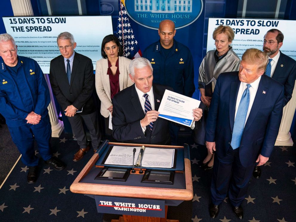 PHOTO: Vice President Mike Pence holds up guidelines for slowing the spread of the novel coronavirus while speaking to reporters as President Donald Trump looks on in the White House briefing room on Monday, March 16, 2020.