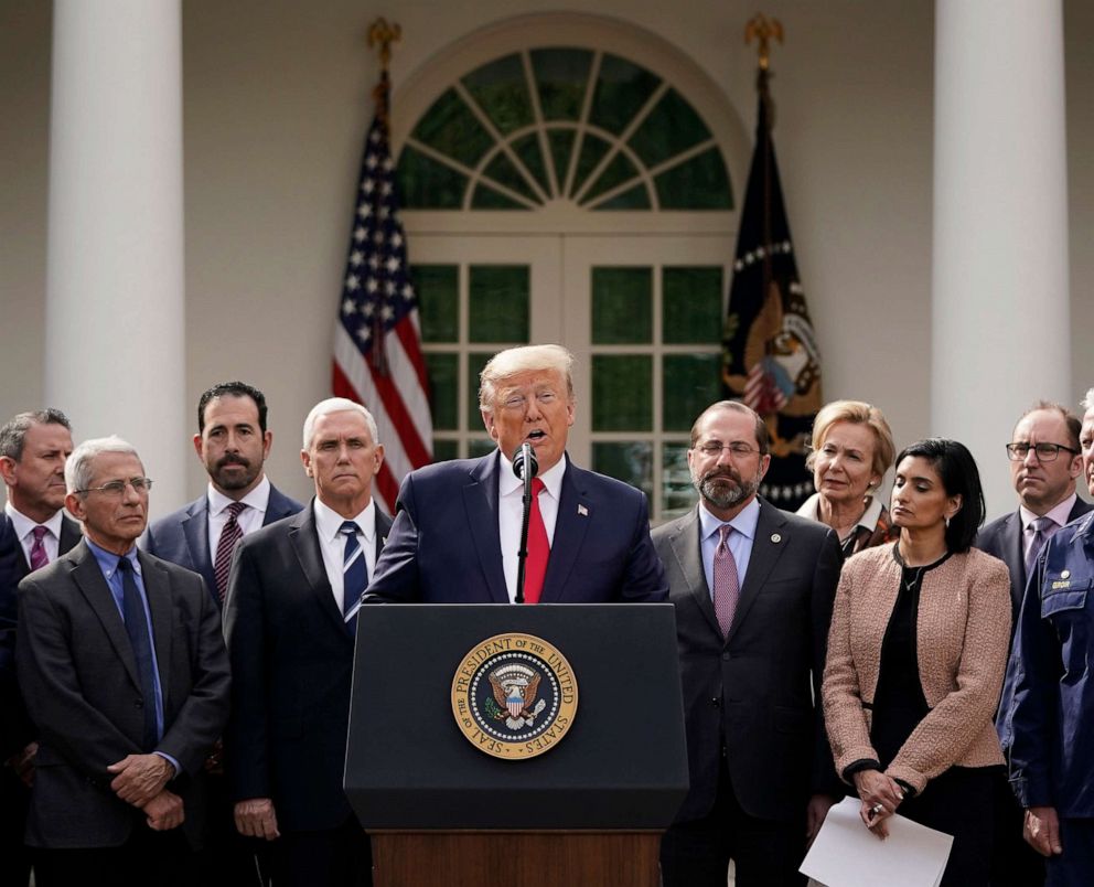 PHOTO: President Donald Trump holds a news conference about the ongoing global coronavirus pandemic in the Rose garden at the White House, March 13, 2020 in Washington. Trump declared a national emergency. 
