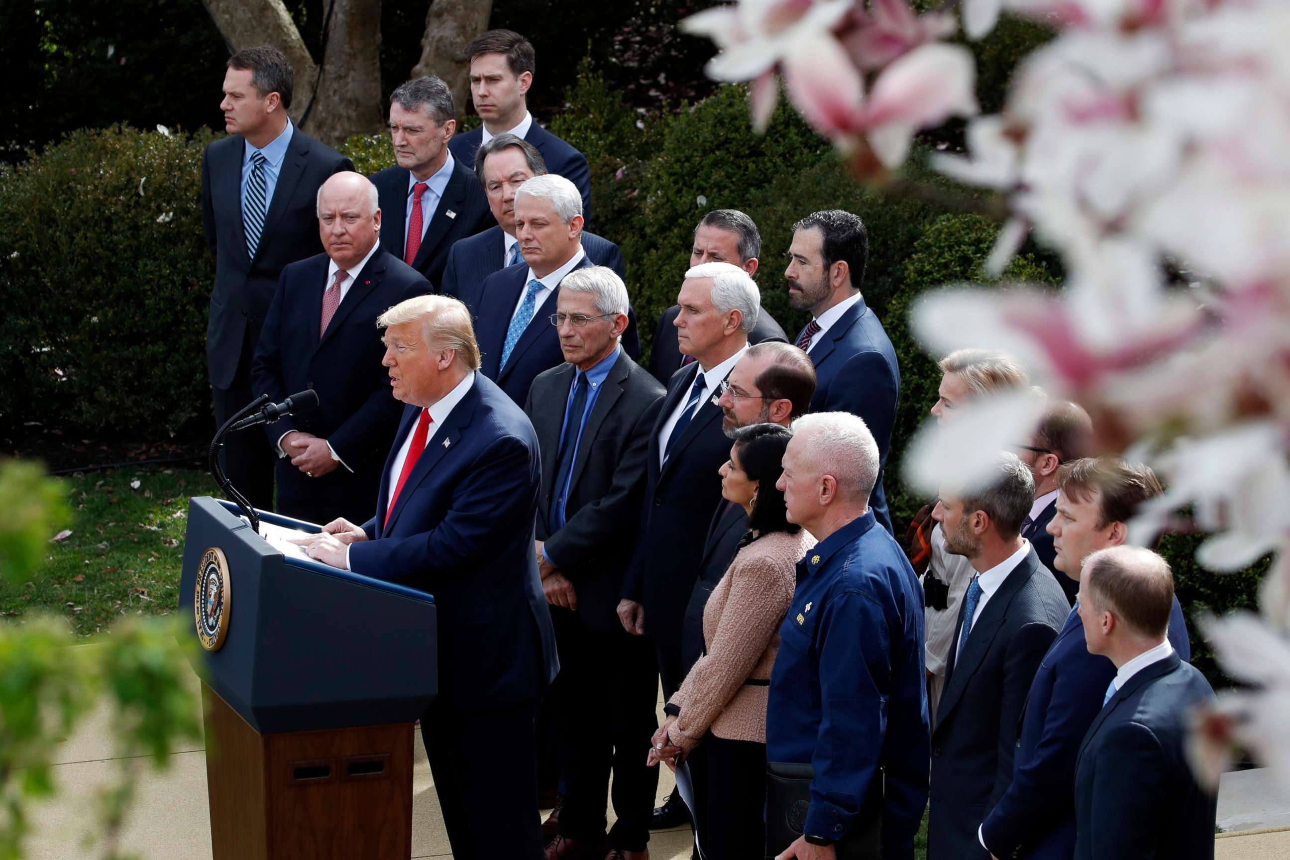 PHOTO: President Donald Trump speaks during a news conference about the coronavirus in the Rose Garden at the White House, March 13, 2020, in Washington.