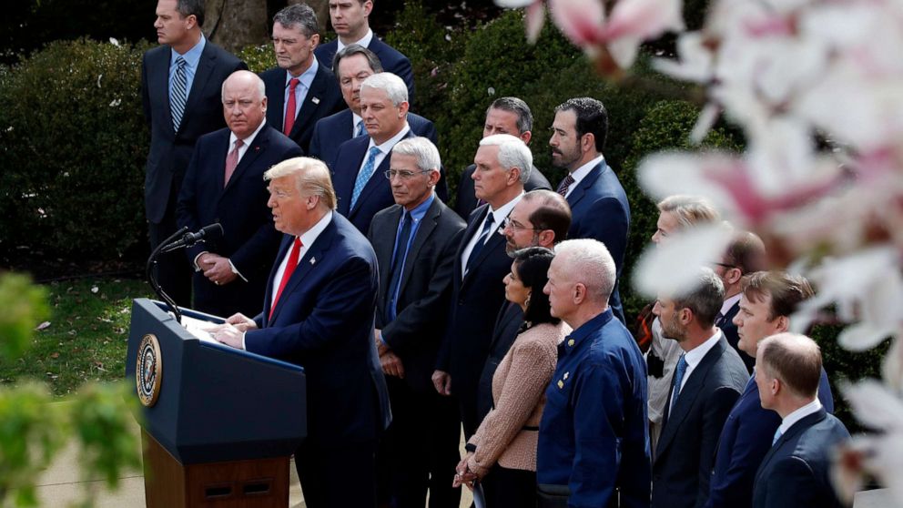 PHOTO: President Donald Trump speaks during a news conference about the coronavirus in the Rose Garden at the White House, March 13, 2020, in Washington.