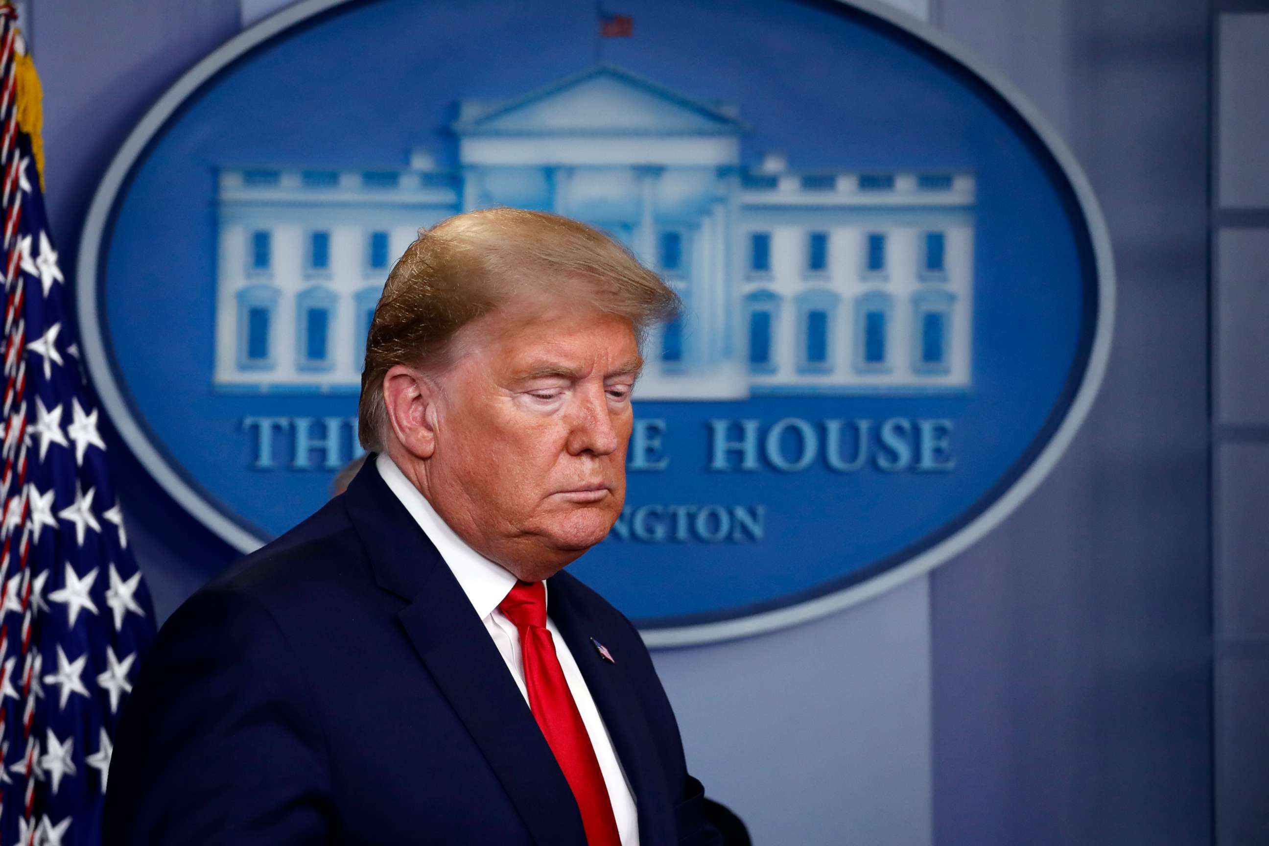 PHOTO: President Donald Trump arrives to speak about the coronavirus in the James Brady Briefing Room, March 24, 2020, in Washington.