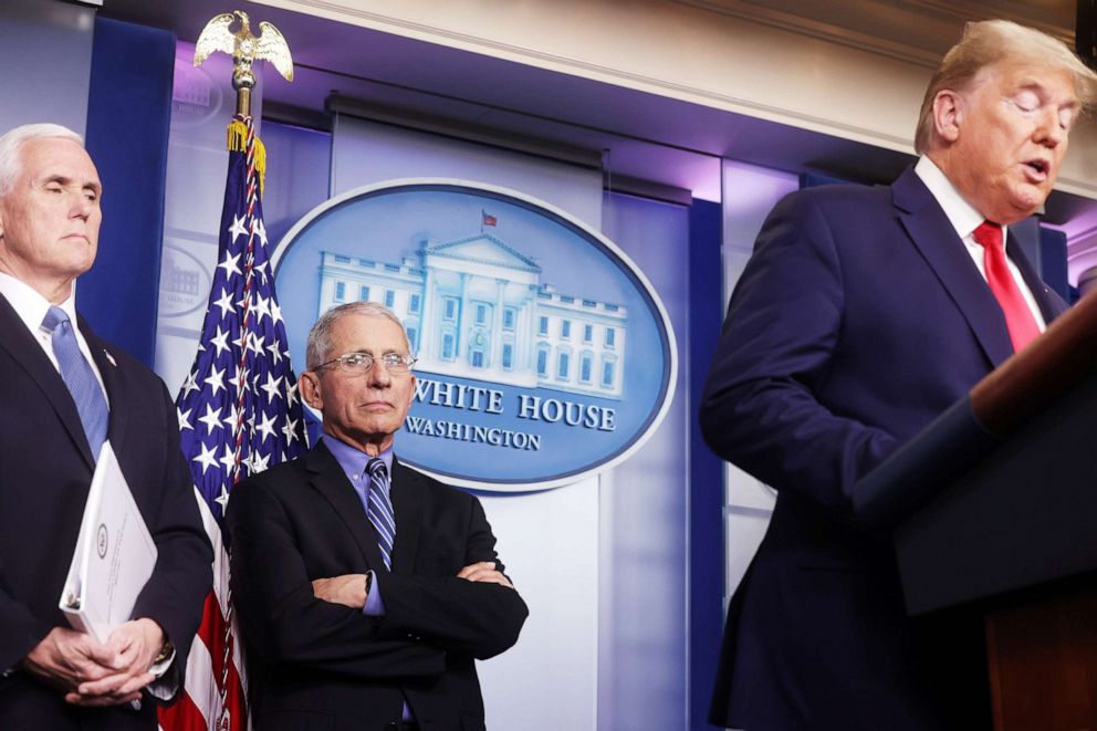 PHOTO: President Donald Trump speaks with Vice President Mike Pence and Director of the National Institute of Allergy and Infectious Diseases Anthony Fauci behind him at the White House in Washington, March 24, 2020.