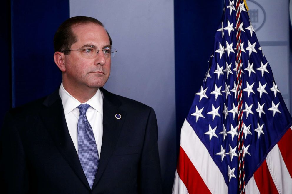 PHOTO: Health and Human Services Secretary Alex Azar listens as President Donald Trump speaks about the coronavirus in the James Brady Press Briefing Room of the White House, April 3, 2020, in Washington.