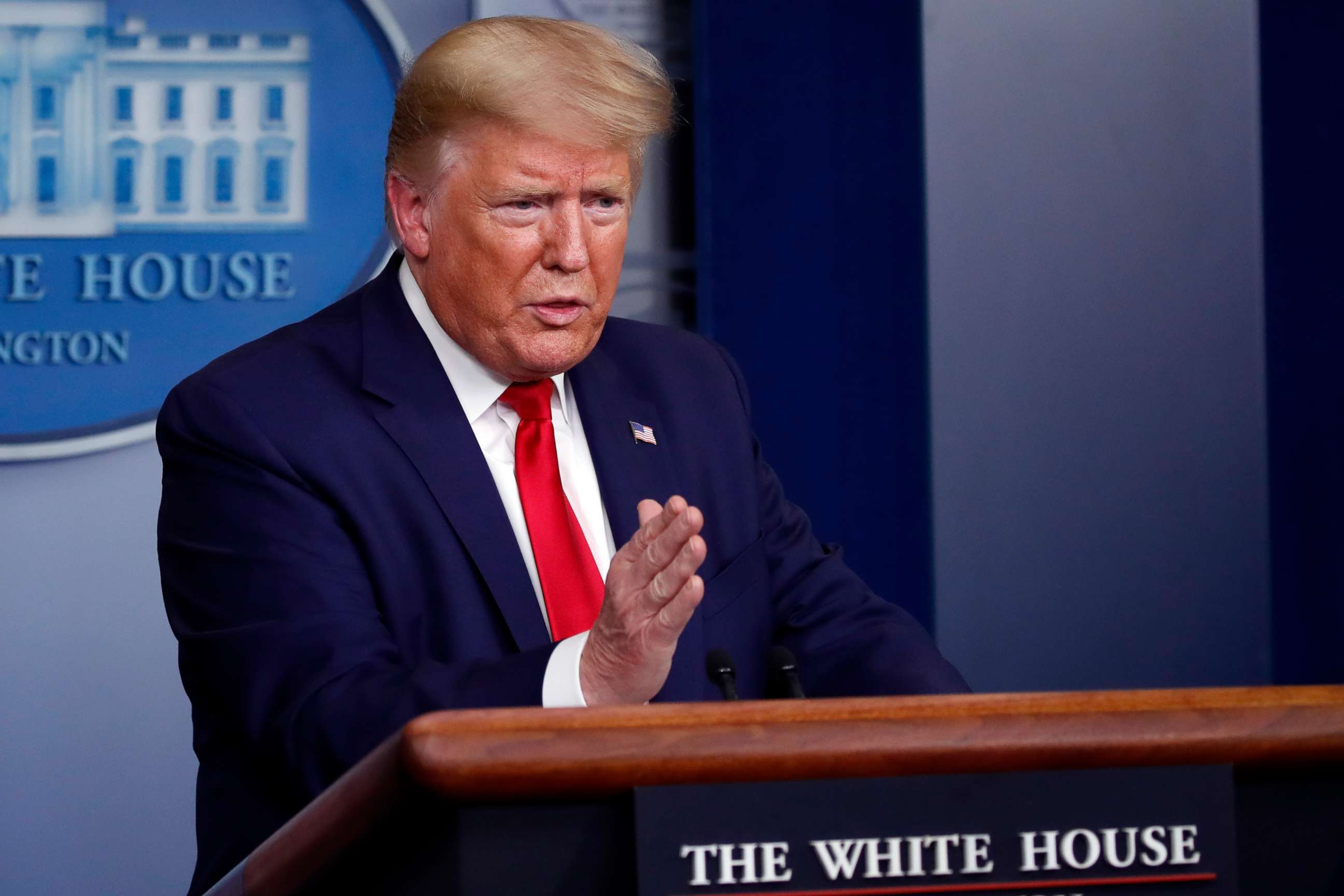PHOTO: President Donald Trump speaks about the coronavirus in the James Brady Press Briefing Room of the White House, April 3, 2020, in Washington.