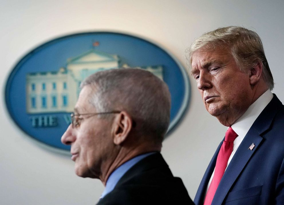 PHOTO: President Donald Trump listens as Dr. Anthony Fauci, Director of the National Institute of Allergy and Infectious Diseases, speaks in the press briefing room of the White House on March 24, 2020, in Washington.