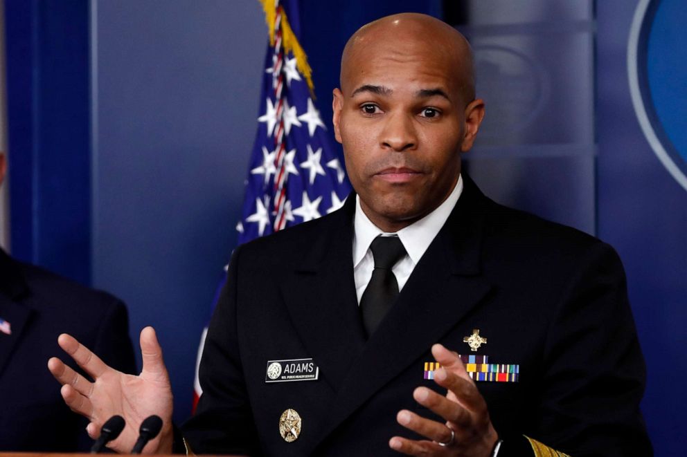 PHOTO: Surgeon General Jerome Adams speaks about the coronavirus in the James Brady Press Briefing Room of the White House, Friday, April 3, 2020, in Washington.