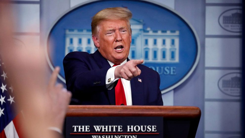 PHOTO: President Donald Trump speaks about the coronavirus in the James Brady Press Briefing Room of the White House, April 3, 2020, in Washington.