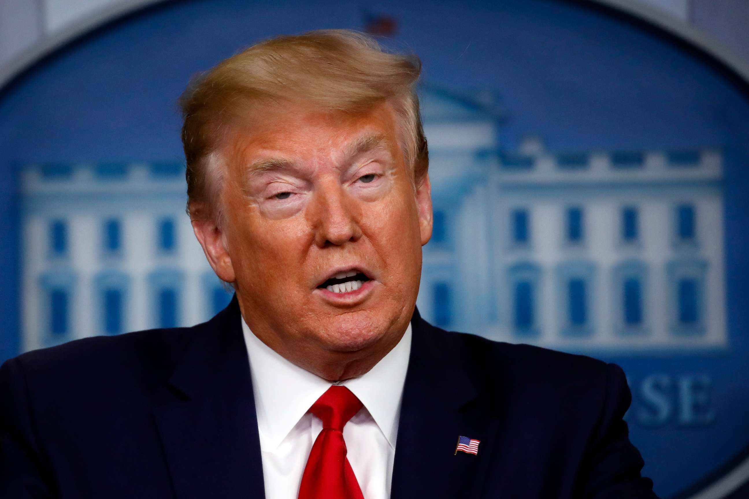 PHOTO: President Donald Trump speaks about the coronavirus in the James Brady Press Briefing Room of the White House, April 6, 2020, in Washington.