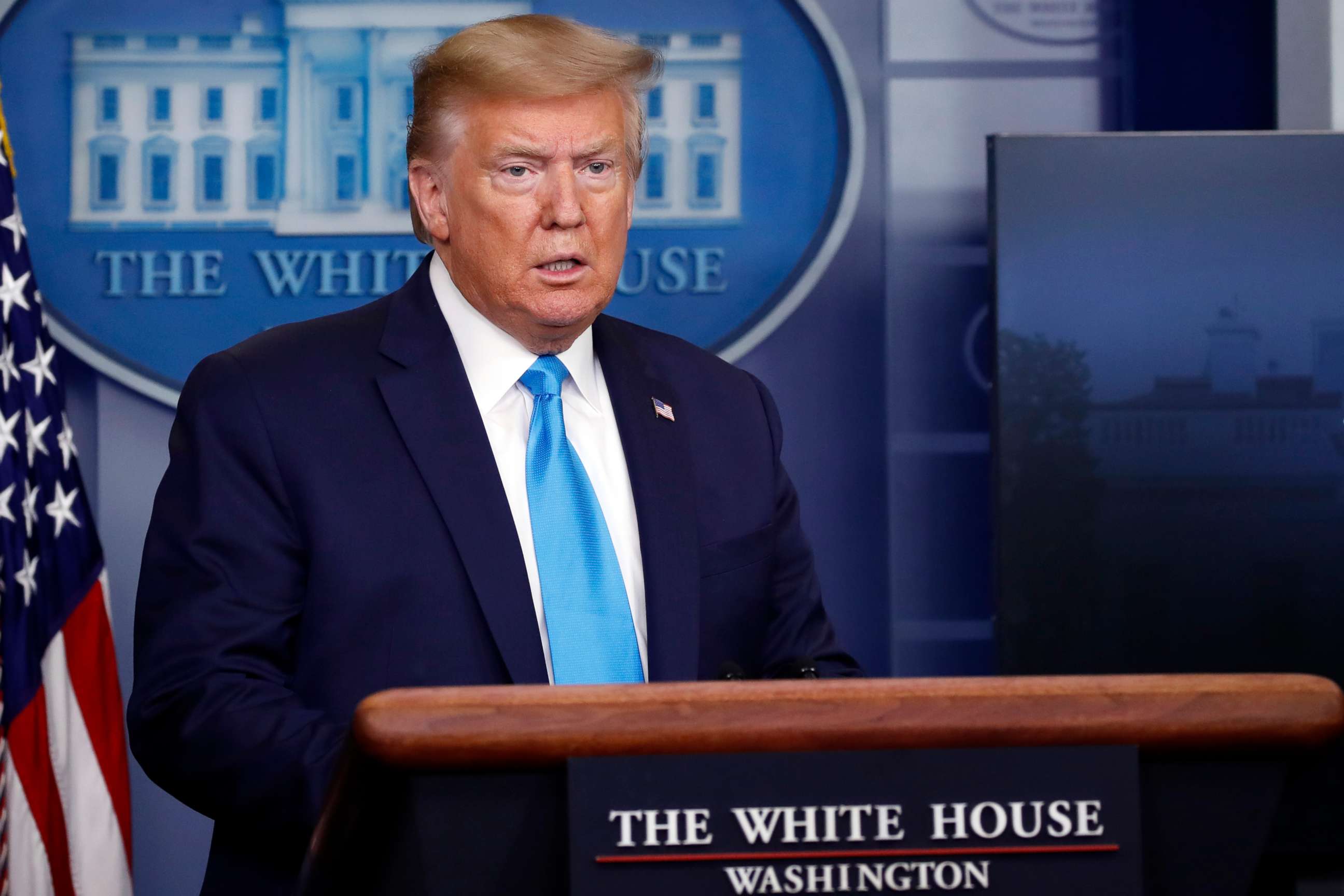 PHOTO: President Donald Trump arrives to speaks about the coronavirus in the James Brady Press Briefing Room of the White House, April 7, 2020, in Washington.