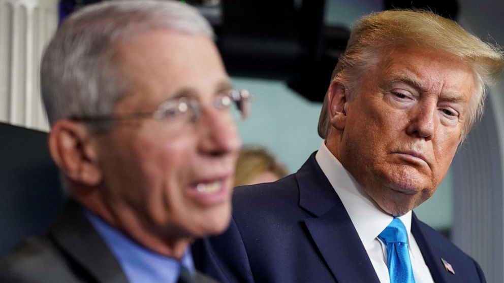 PHOTO: President Donald Trump listens as Dr. Anthony Fauci, director of the National Institute of Allergy and Infectious Diseases, addresses the daily coronavirus task force briefing at the White House in Washington, April 7, 2020.