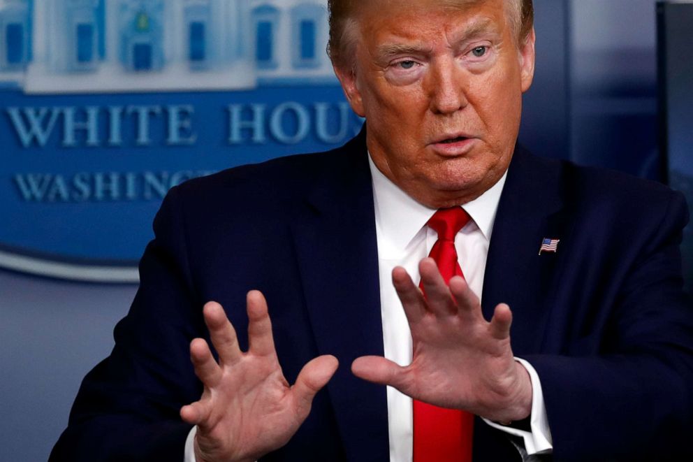 PHOTO: President Donald Trump speaks about the coronavirus in the James Brady Press Briefing Room of the White House, April 6, 2020, in Washington.