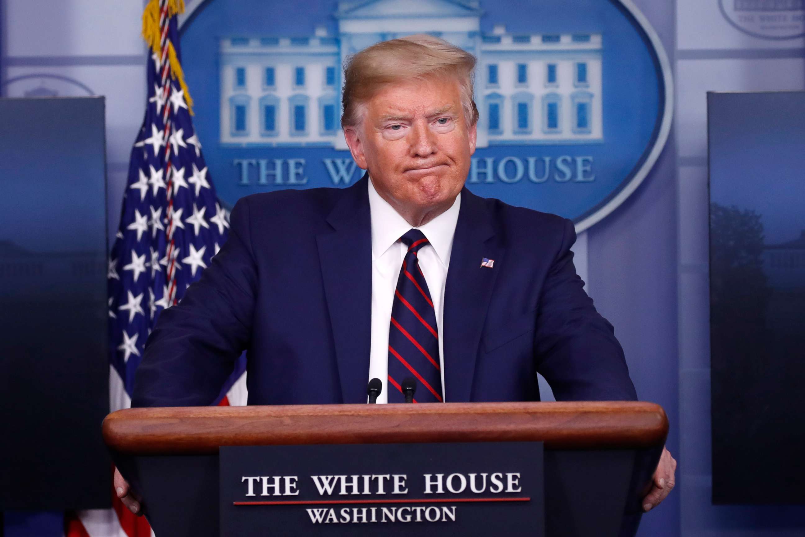 PHOTO: President Donald Trump pauses as he speaks about the coronavirus in the James Brady Press Briefing Room of the White House, April 2, 2020, in Washington.