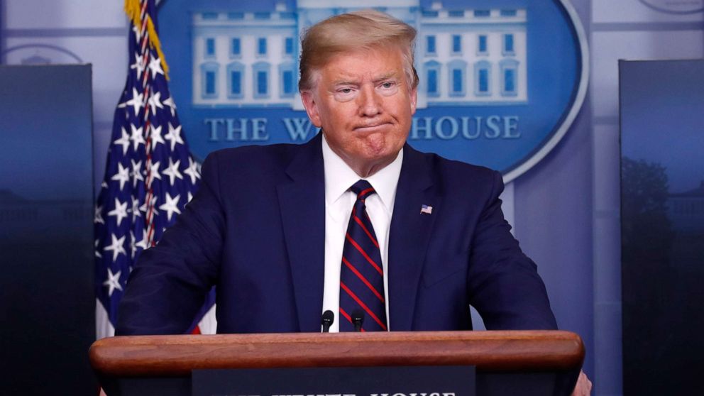 PHOTO: President Donald Trump pauses as he speaks about the coronavirus in the James Brady Press Briefing Room of the White House, April 2, 2020, in Washington.