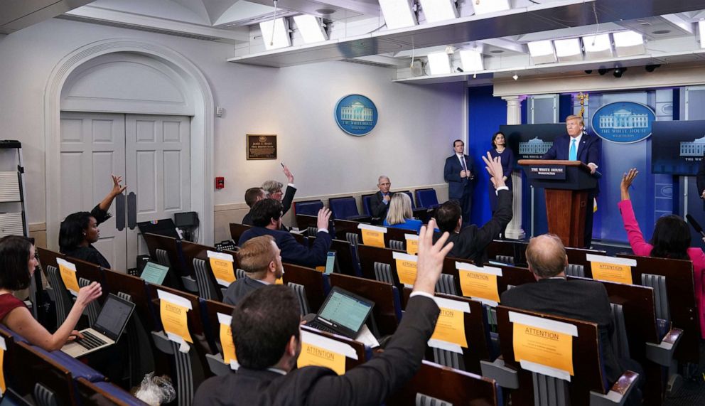 PHOTO: President Donald Trump speaks during the daily briefing on the novel coronavirus, COVID-19, in the Brady Briefing Room at the White House on April 7, 2020, in Washington.