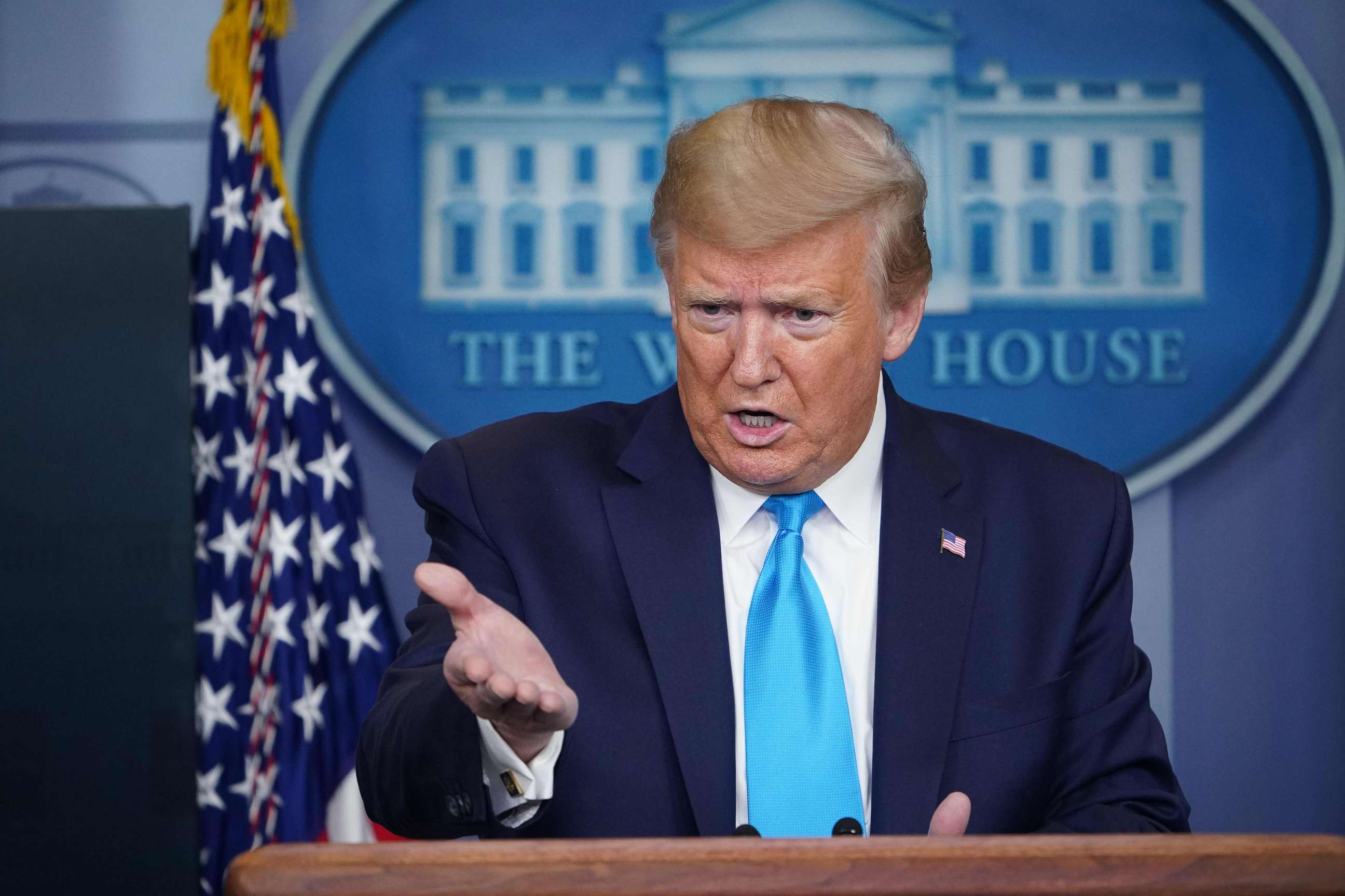 PHOTO: President Donald Trump speaks during the daily briefing on the novel coronavirus, COVID-19, in the Brady Briefing Room at the White House on April 7, 2020, in Washington.