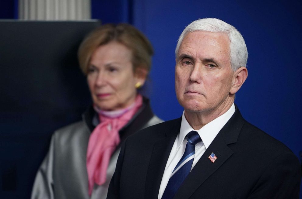 PHOTO: Response coordinator for White House Coronavirus Task Force Deborah Birx and Vice President Mike Pence listen during the daily briefing on the novel coronavirus in the Brady Briefing Room at the White House on April 7, 2020, in Washington.