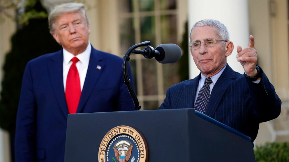 PHOTO: Dr. Anthony Fauci, director of the National Institute of Allergy and Infectious Diseases, speaks about the coronavirus in the Rose Garden of the White House, Monday, March 30, 2020, in Washington, as President Donald Trump listens.