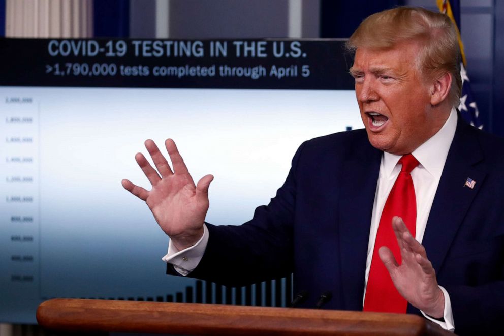 PHOTO: President Donald Trump speaks about the coronavirus in the James Brady Press Briefing Room of the White House, April 6, 2020, in Washington.