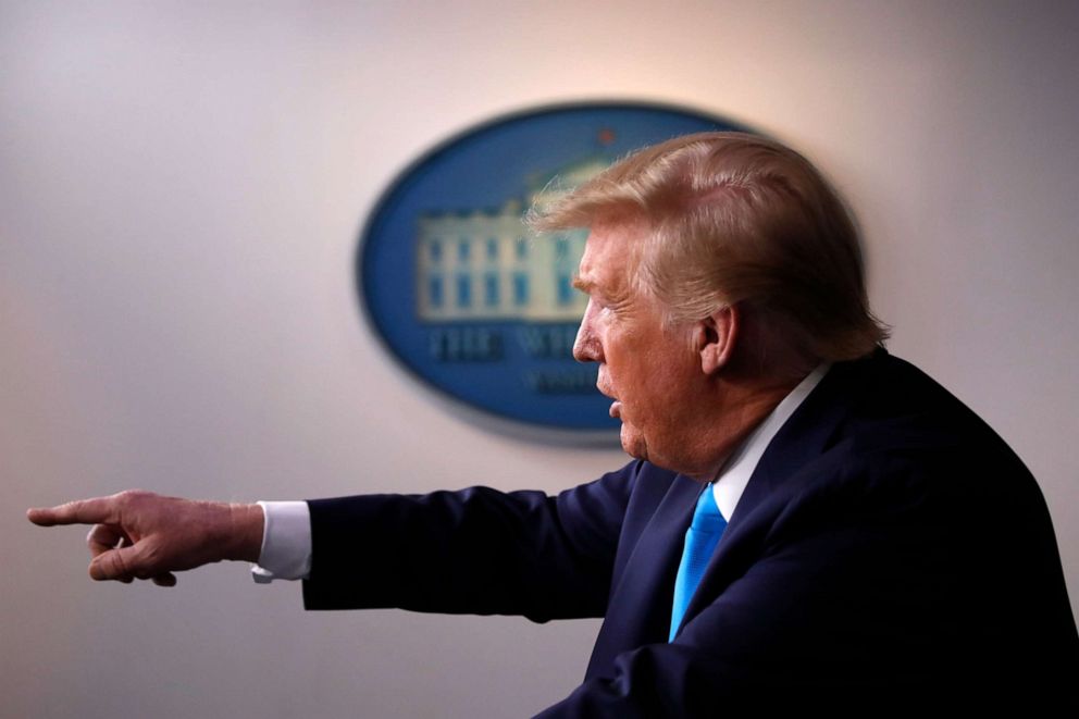 PHOTO: President Donald Trump speaks about the coronavirus in the James Brady Press Briefing Room of the White House, April 7, 2020, in Washington.