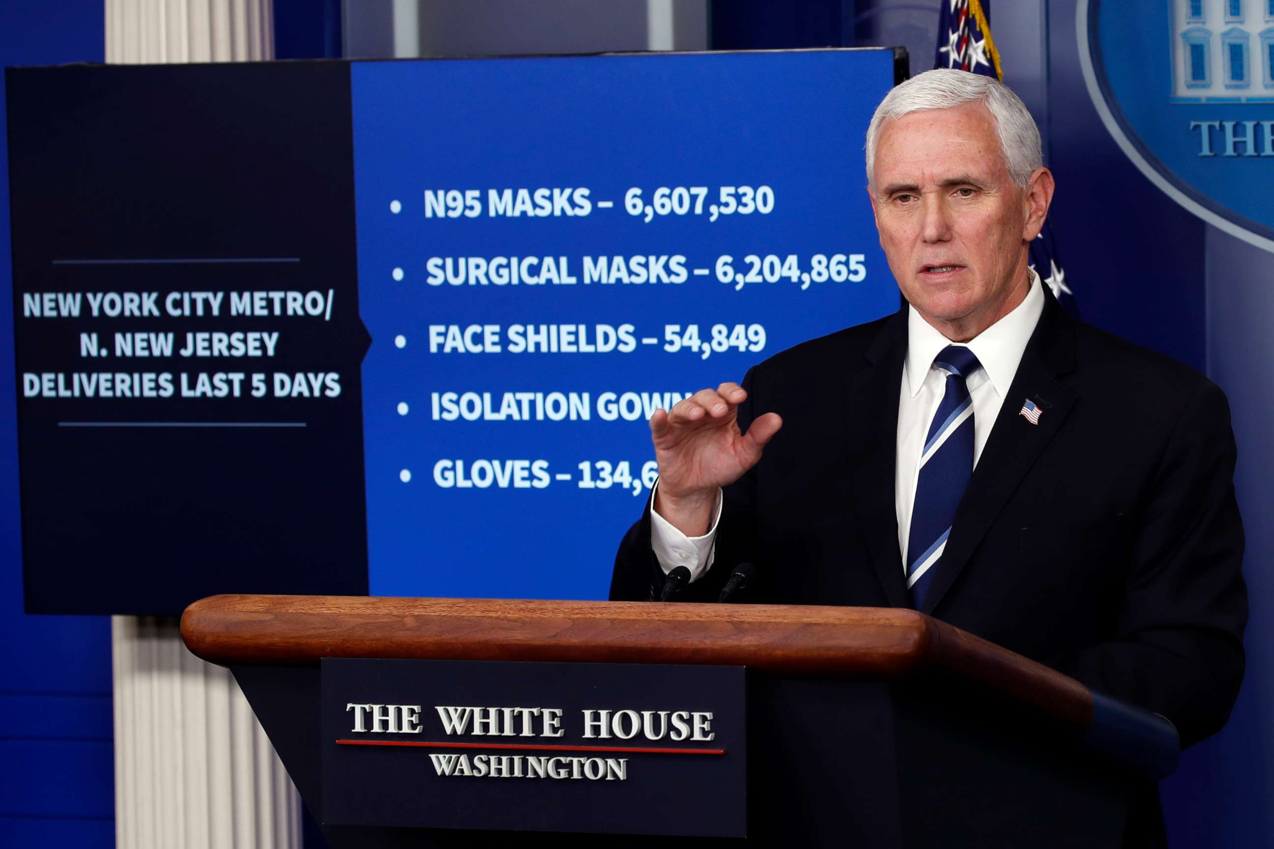 PHOTO: Vice President Mike Pence speaks about the coronavirus in the James Brady Press Briefing Room of the White House, April 7, 2020, in Washington.