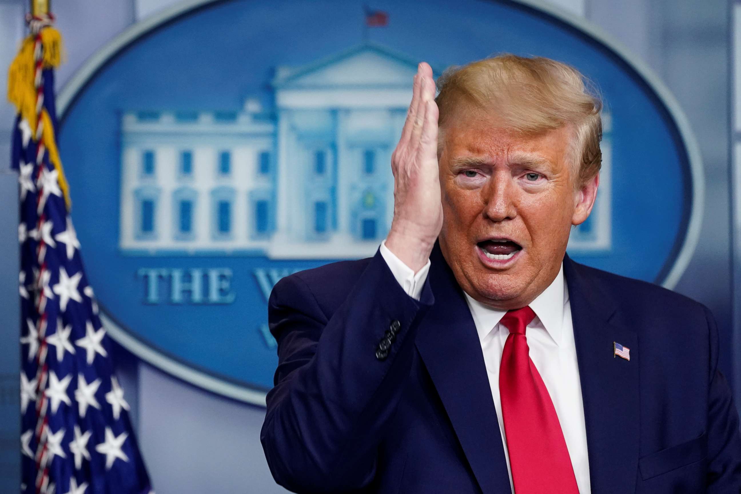 PHOTO: President Donald Trump addresses the daily coronavirus task force briefing at the White House in Washington, April 6, 2020.