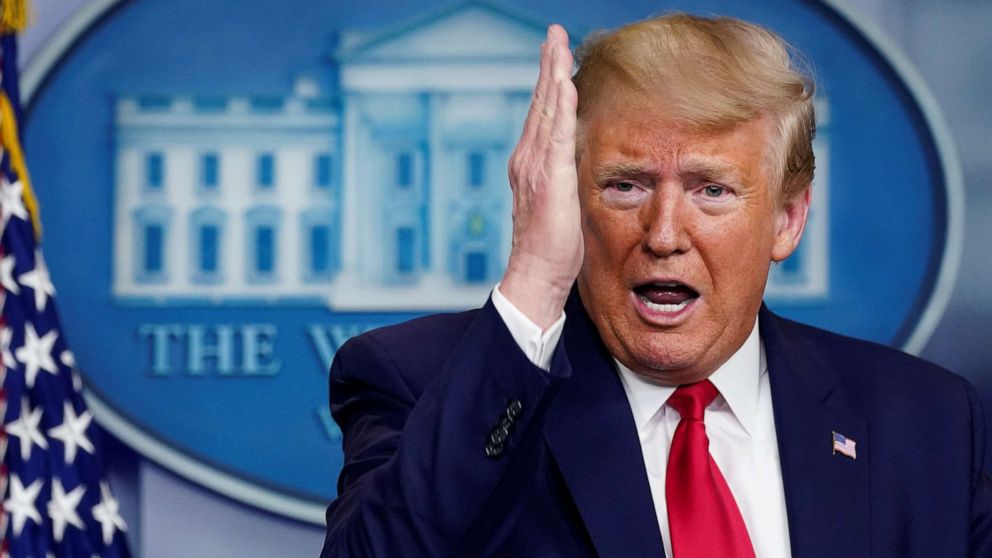 PHOTO: President Donald Trump addresses the daily coronavirus task force briefing at the White House in Washington, April 6, 2020.